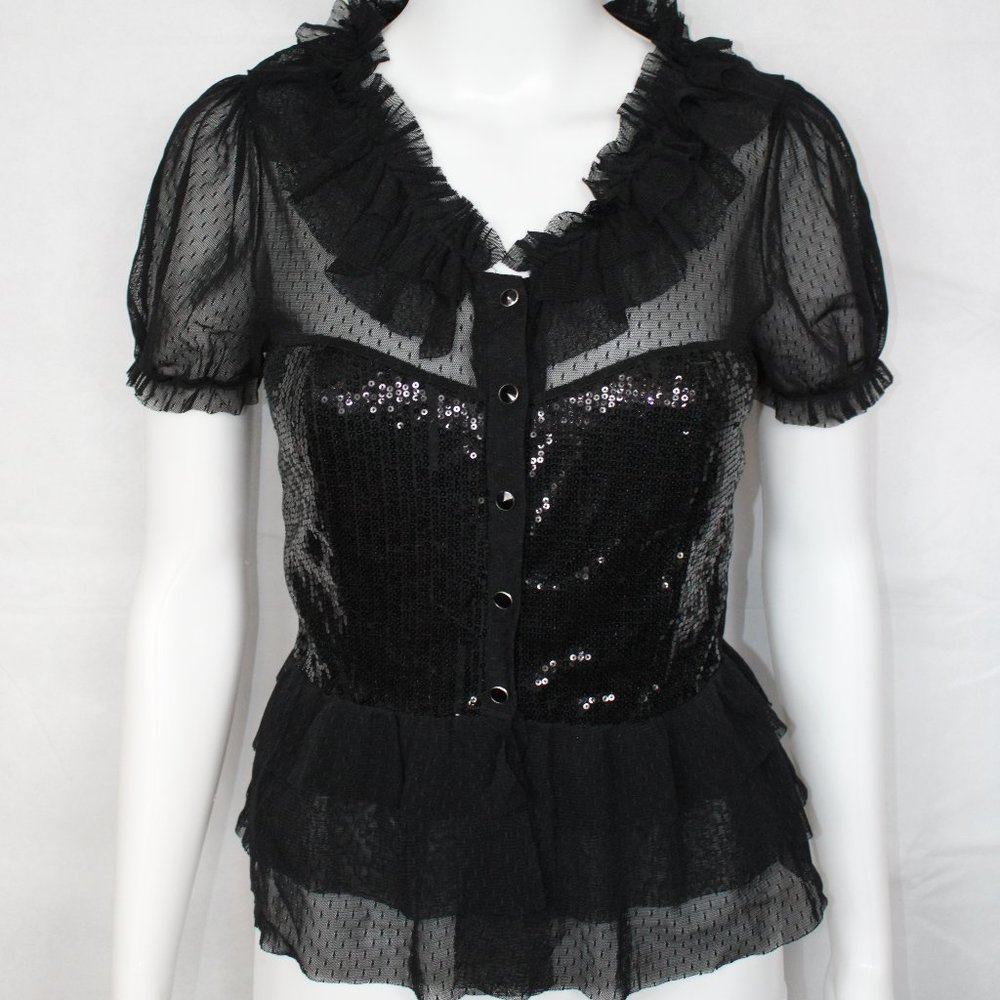 Forever 21 Women's See-thru Blouse Lace Ruffles Sequin Button Up Black Medium